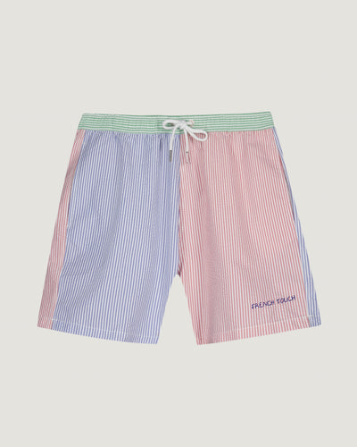"french touch" maillot seersucker swim shorts#color_blue-pink-green