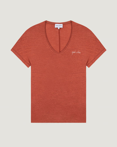"good vibes" linen château t-shirt#color_terracotta